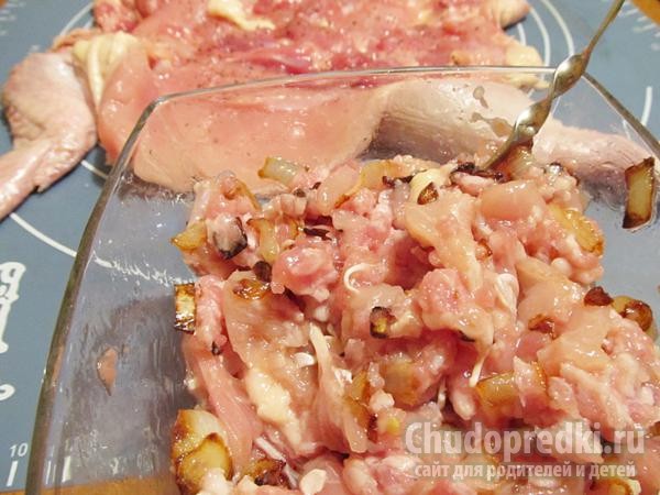 курица, фаршированная блинами