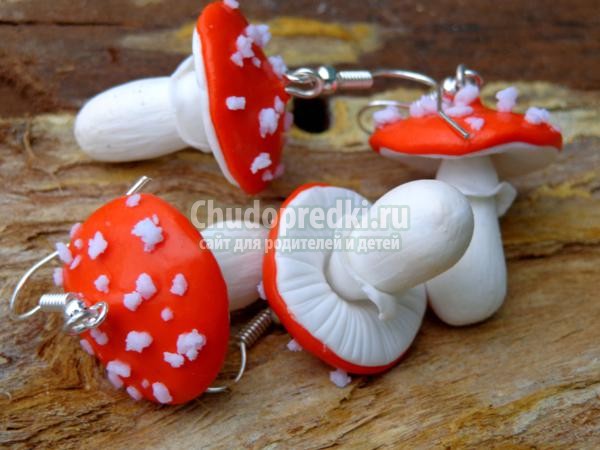 серьги мухомор из полимерной глины