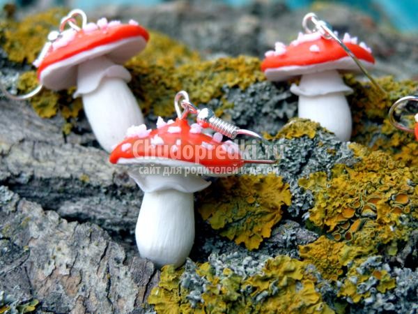 серьги мухомор из полимерной глины