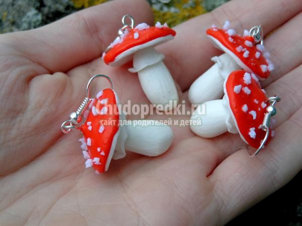 серьги мухомор из полимерной глины